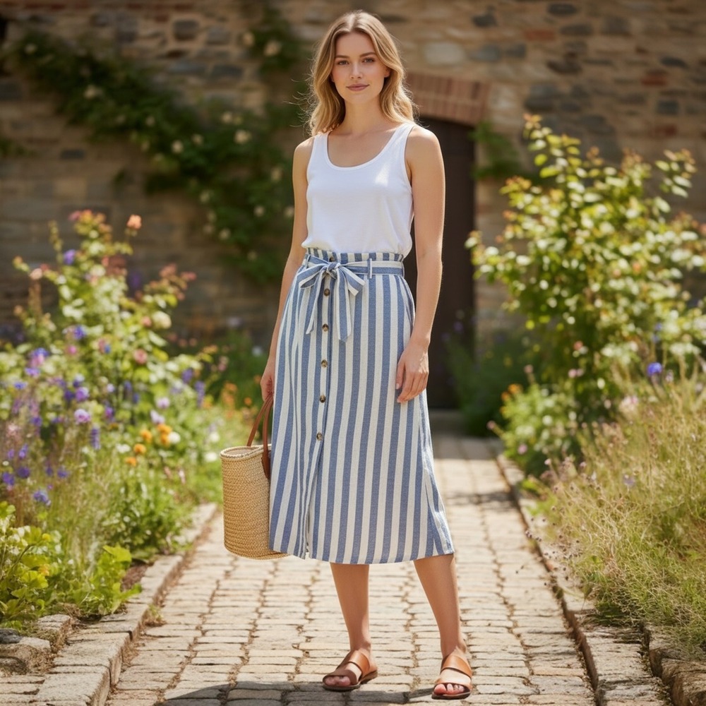 Love Tree Linen L Striped Midi Skirt Blue White Paperbag Waist Nautical Beachy - Picture 12 of 12